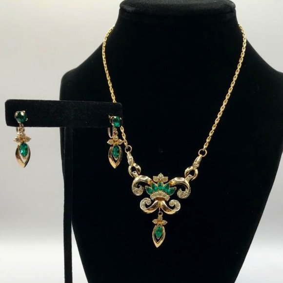 Vintage Coro Gold-Tone & Rhinestones Necklace and Earrings Set